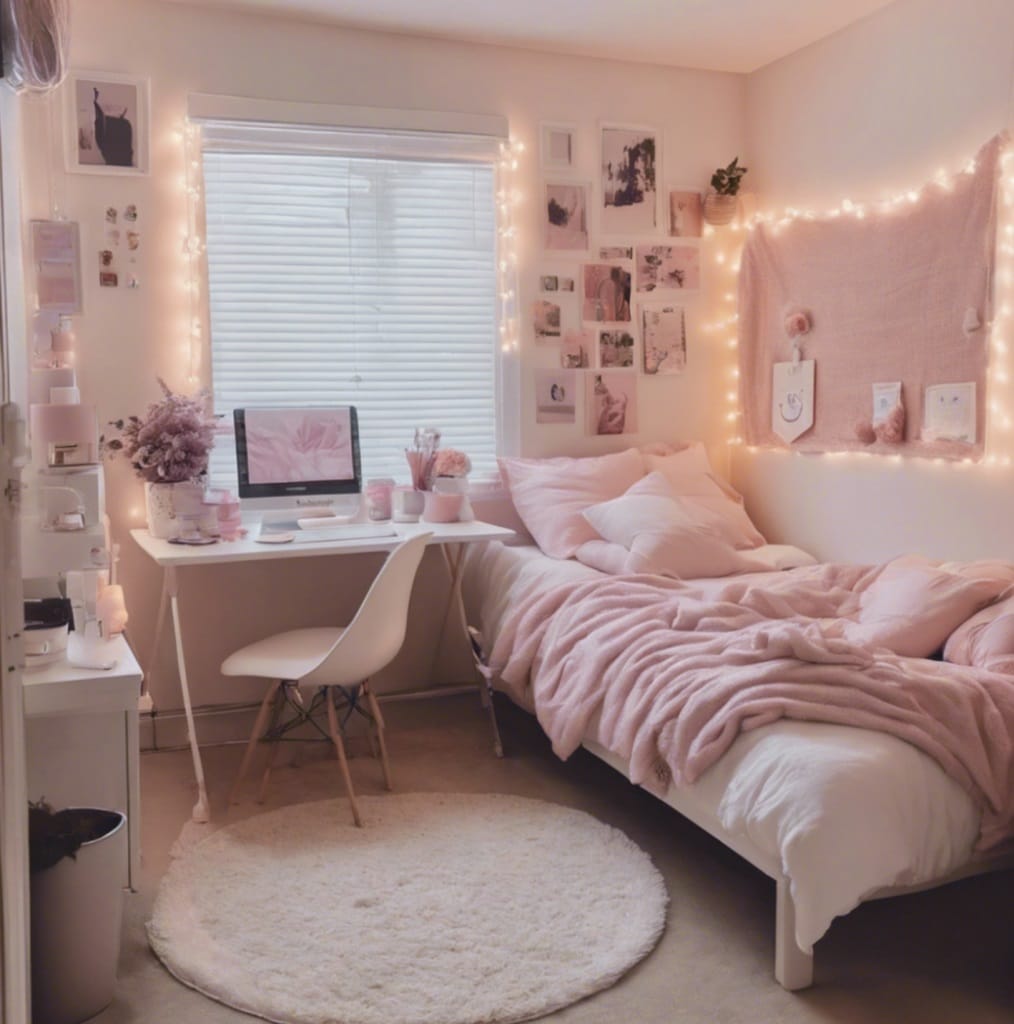 A charming dorm room with pastel pink tones, cozy bedding, and tasteful decor.