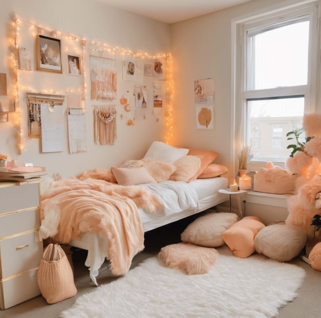 A dorm room with peach-toned decor, fairy lights, and a gallery wall, featuring plush bedding and a cozy seating area.