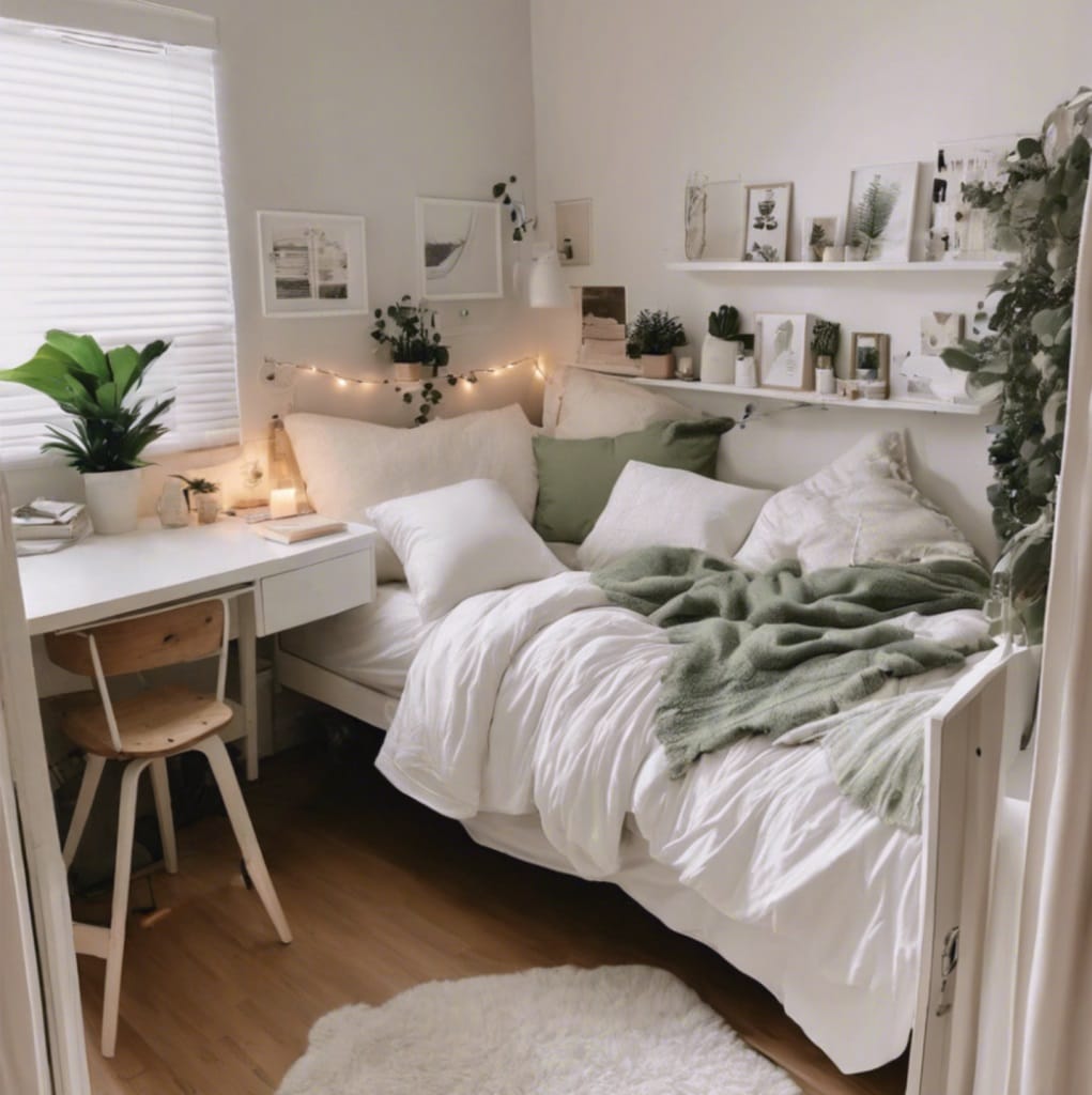 A dorm room with greenery, white bedding, natural light, and a peaceful atmosphere.