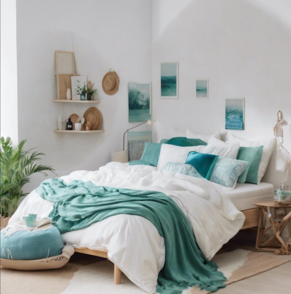 A dorm room with aqua and teal accents, white bedding, and nature-inspired decor, creating a calming atmosphere.