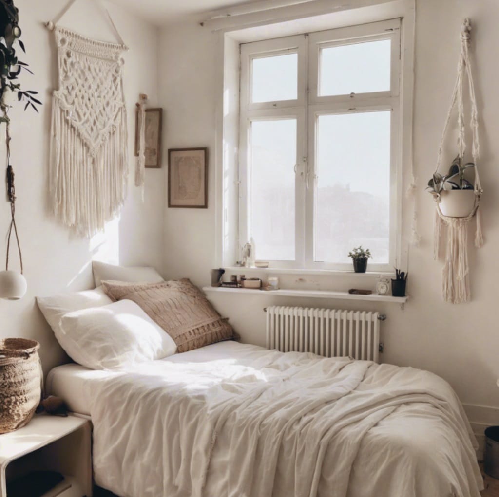 A boho dorm room with macrame wall hangings, natural textures, and neutral tones, creating a stylish and cozy atmosphere.