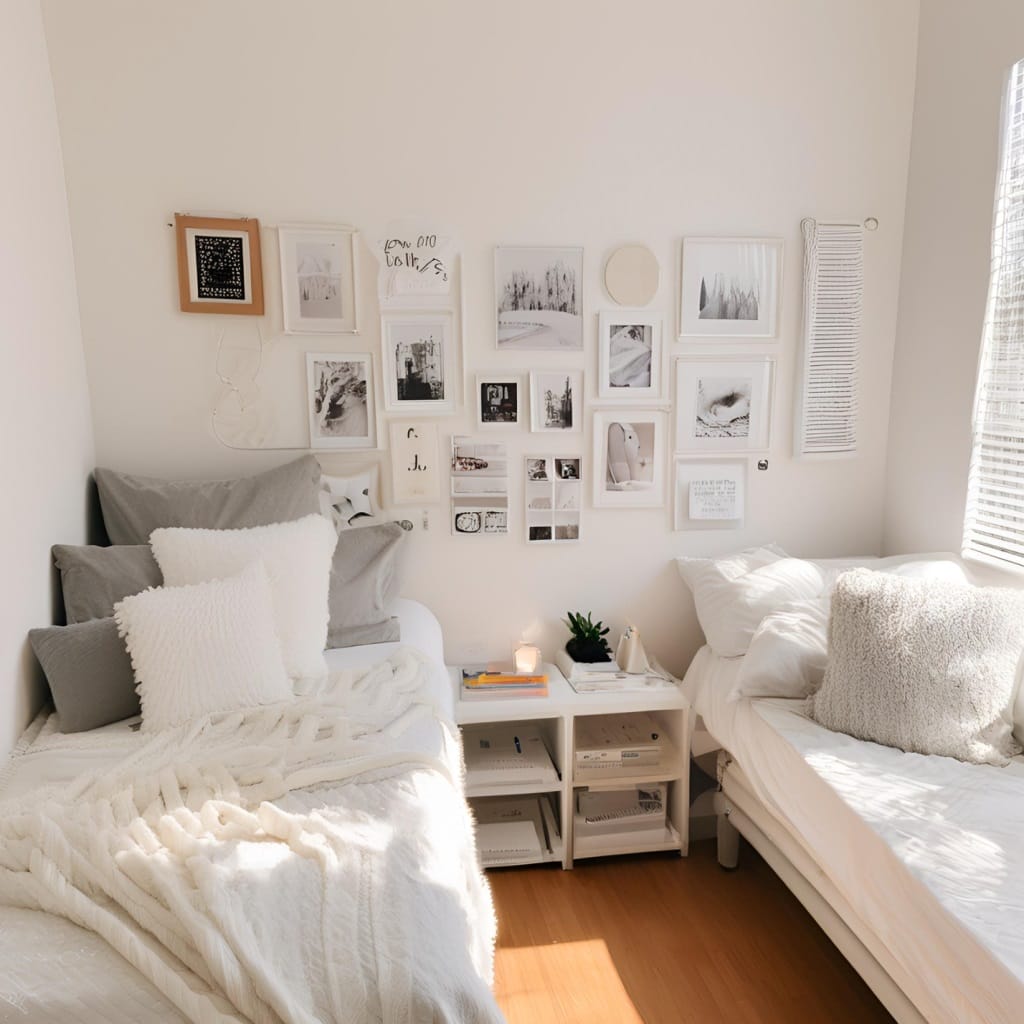 A dorm room with a monochrome palette, gallery wall, and cozy bedding creating a stylish and modern atmosphere.