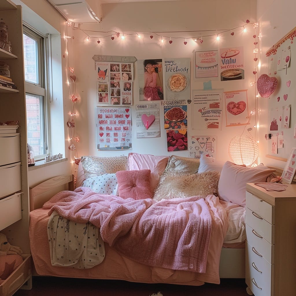 A dorm room with pink decor, fairy lights, and a mix of textures creating a fun and cozy atmosphere.