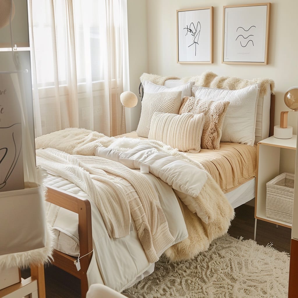 A dorm room with neutral tones, plush bedding, and minimalist decor creating an elegant and cozy atmosphere.