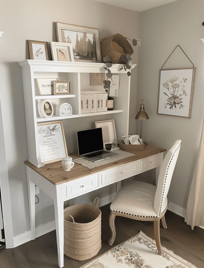  A dorm workspace with rustic charm, wooden elements, neutral decor, and organized shelves creating a stylish and functional environment.