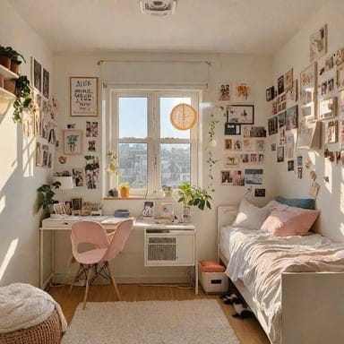 Bright room with natural light, personal photos, plants, cozy bed, and functional study area.