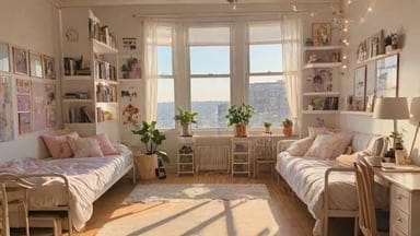 A spacious bedroom with two beds, large windows, and various plants, decorated with pink and blue pillows and throws.