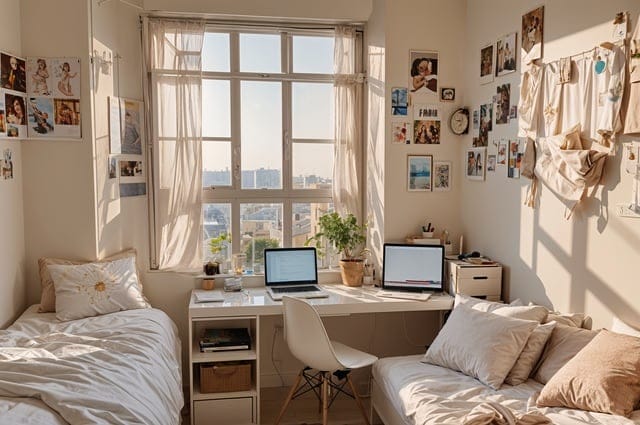 Twin beds in a sunlit room with personal photos and plants.