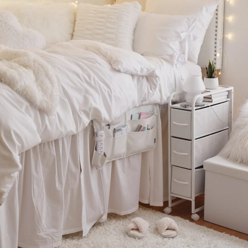 A serene white bed with plush bedding, fairy lights, and functional bedside storage.