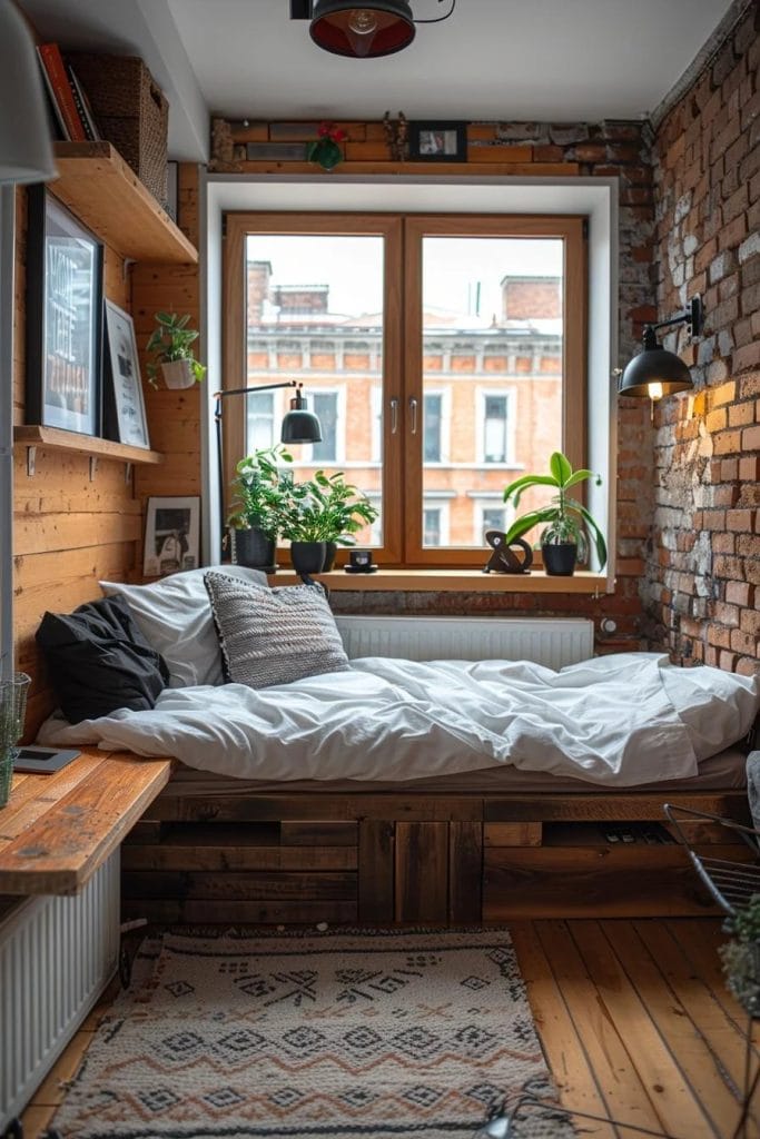 Modern rustic room with a wooden bed frame, exposed brick walls, and potted plants.