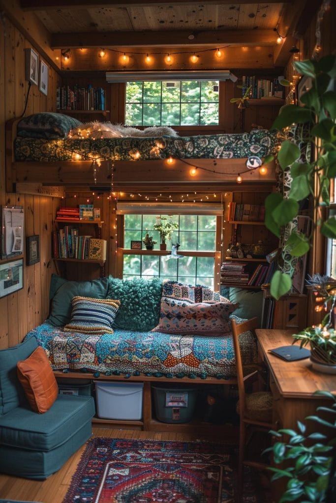 A cozy and rustic loft with bunk beds, warm lighting, colorful bedding, and a well-organized study area.