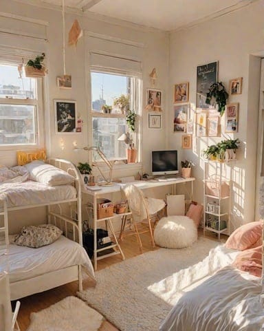 Bright loft dorm room with natural light, plants, personal photos, bunk bed, and study area.