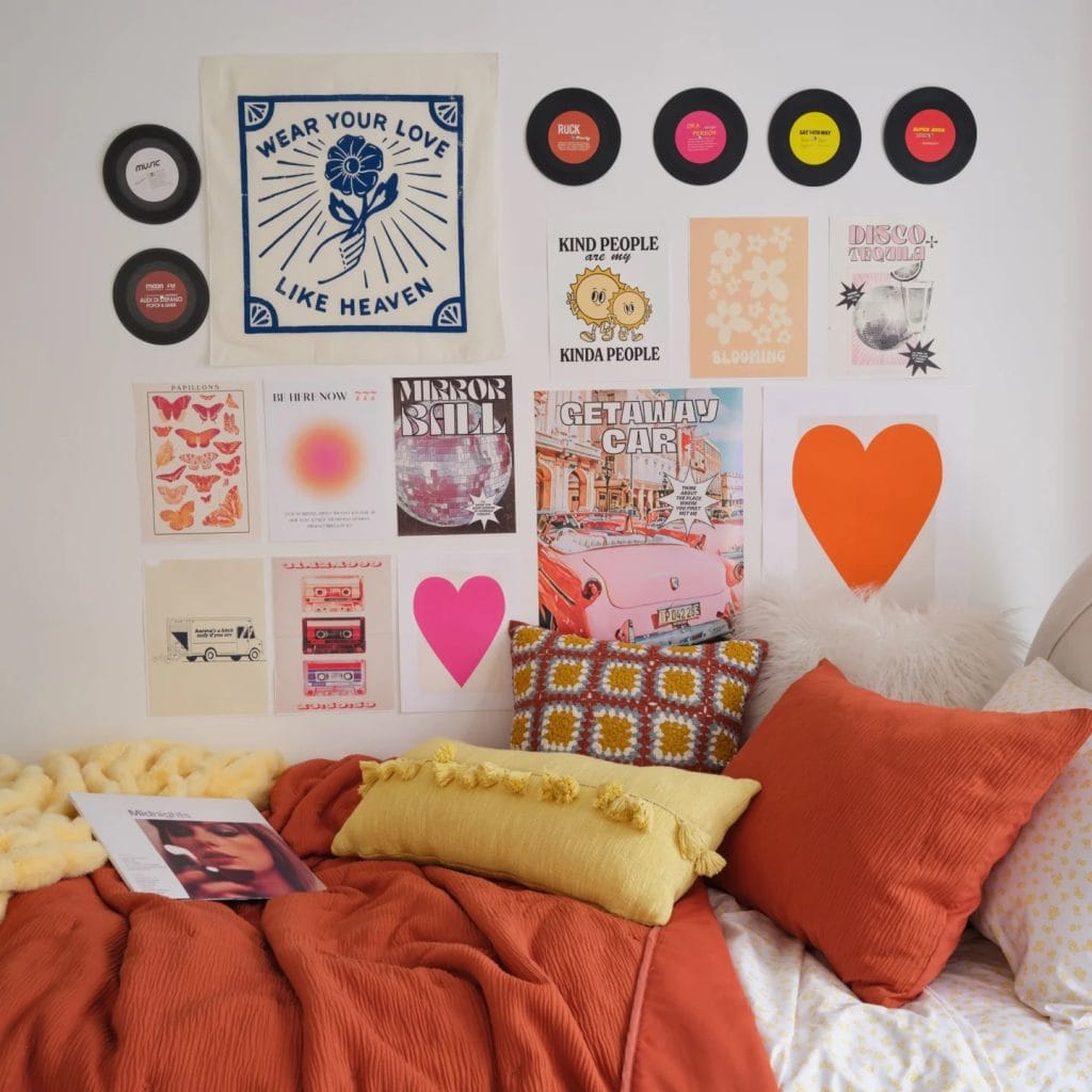 A room with retro bedding, colorful pillows, and a pop art-inspired gallery wall for a vibrant and artistic look.