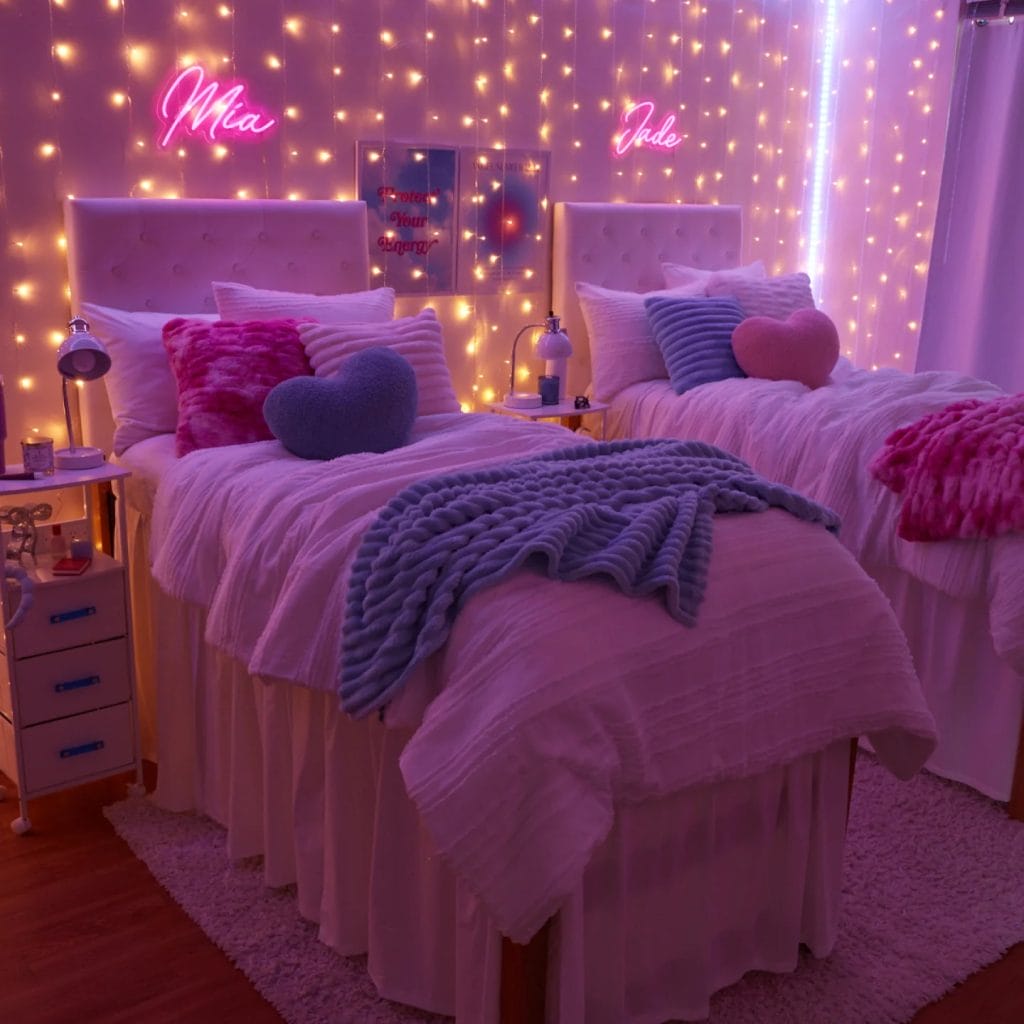 Dorm room with twin beds, string lights, neon signs, heart-shaped pillows, and plush blankets.