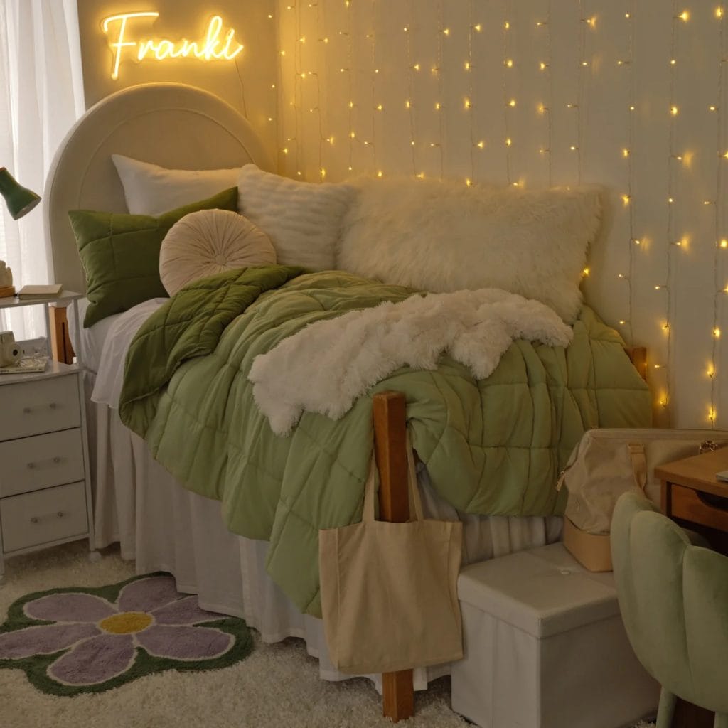 A cozy room with a white bed, green and white bedding, soft pillows, and warm string lights.