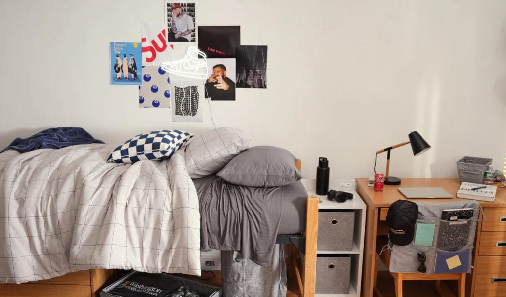 A modern minimalist room with a grey and white bedspread, checkered pillow, neat desk area, and posters for decoration.