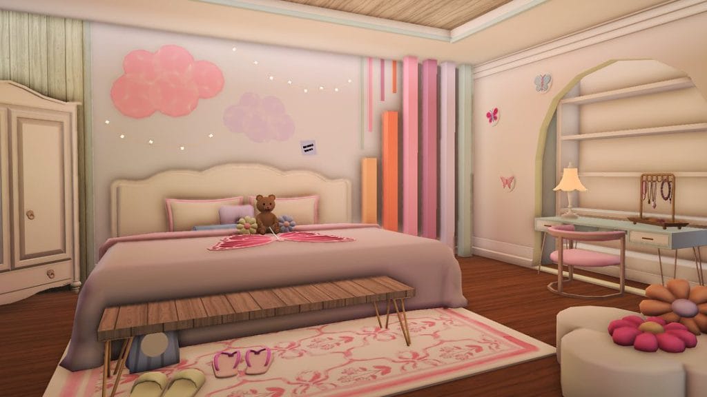 A cozy kids' bedroom with a pastel color scheme, featuring cloud and butterfly wall decorations, a teddy bear on the bed, and a study desk.