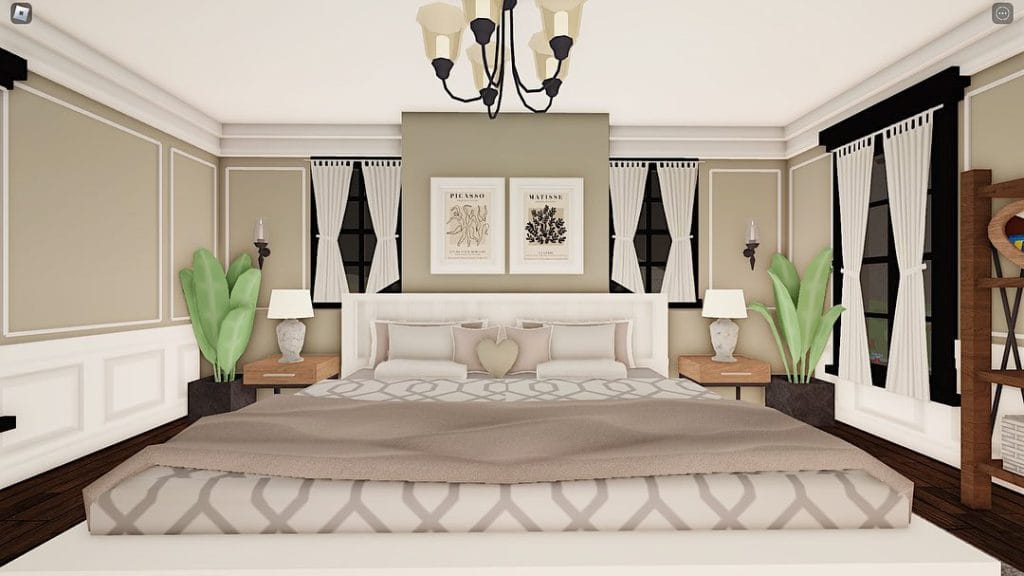 An elegant bedroom with a neutral color palette, luxurious bedding, classic wall decor, and indoor plants.