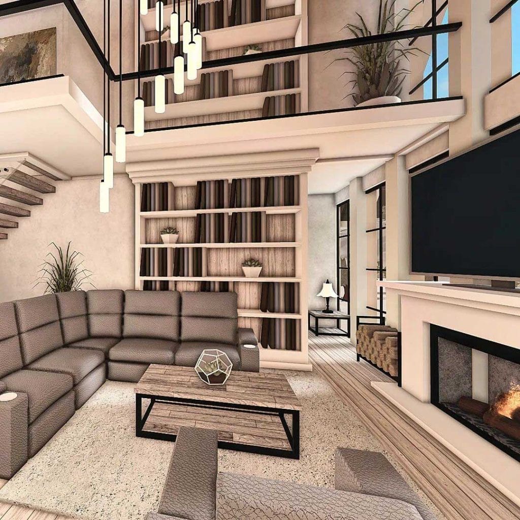 Luxurious Bloxburg living room with a large sectional sofa, fireplace, and high ceilings.