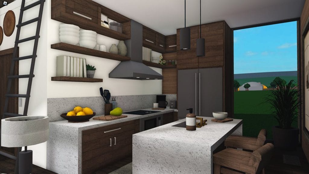 A sleek Bloxburg kitchen with dark wood tones, minimalist decor, and a compact layout.