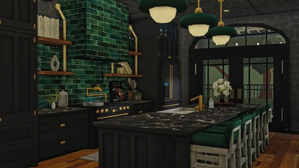 Luxurious dream home kitchen with marble countertops, dark cabinetry, and modern lighting.