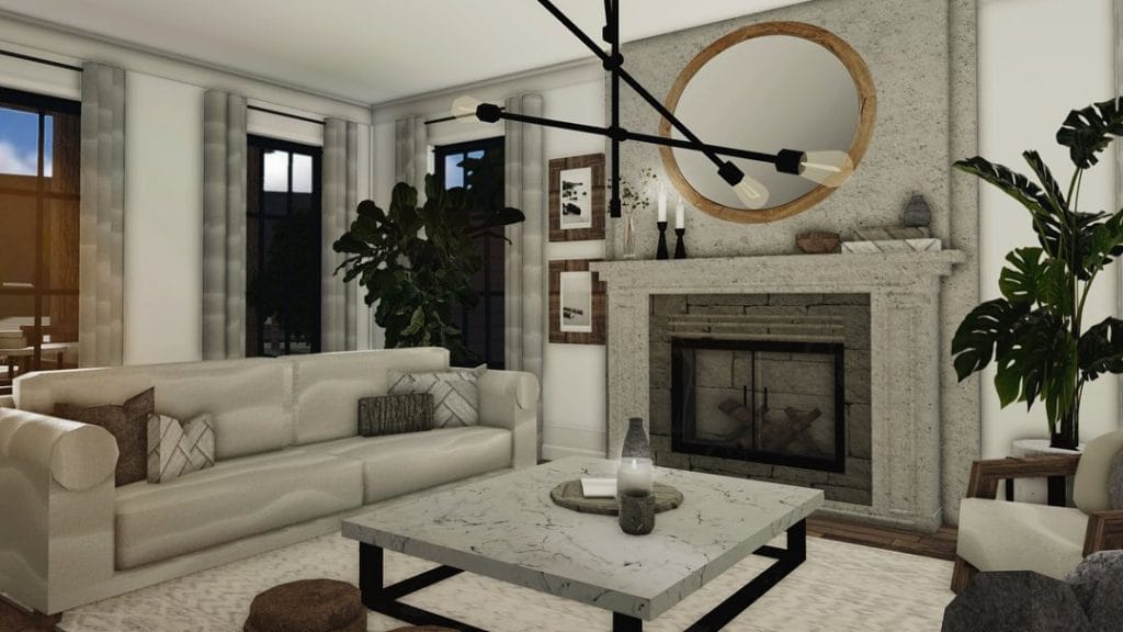 Bloxburg living room with modern boho farmhouse decor, white sofa, and marble coffee table.