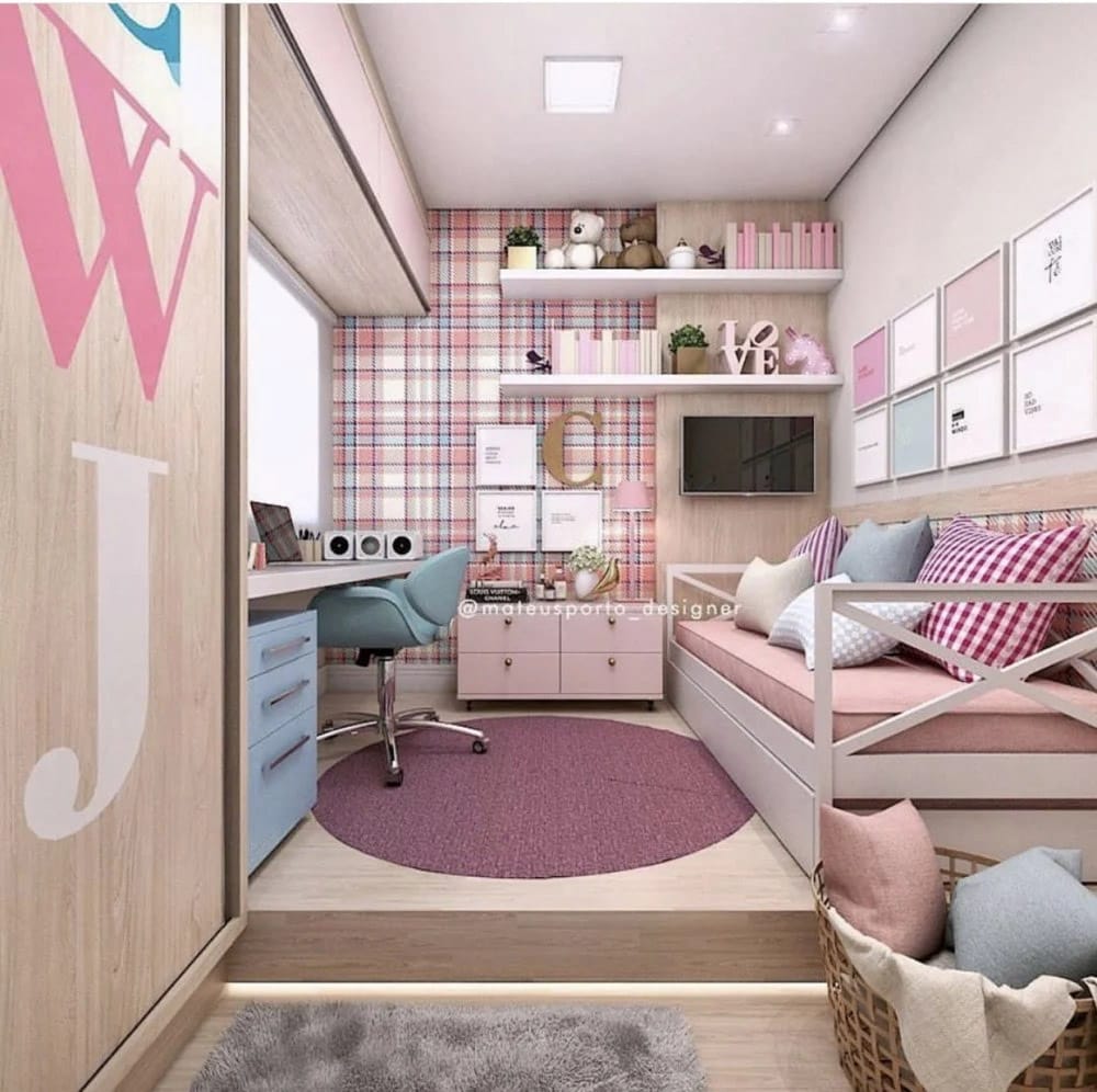 A vibrant space with plaid wallpaper, pastel accents, a study area, and cozy seating.