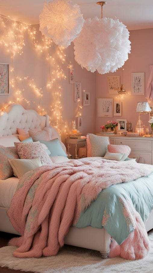 A space with soft pink tones, fluffy textures, string lights, and feathered chandeliers.