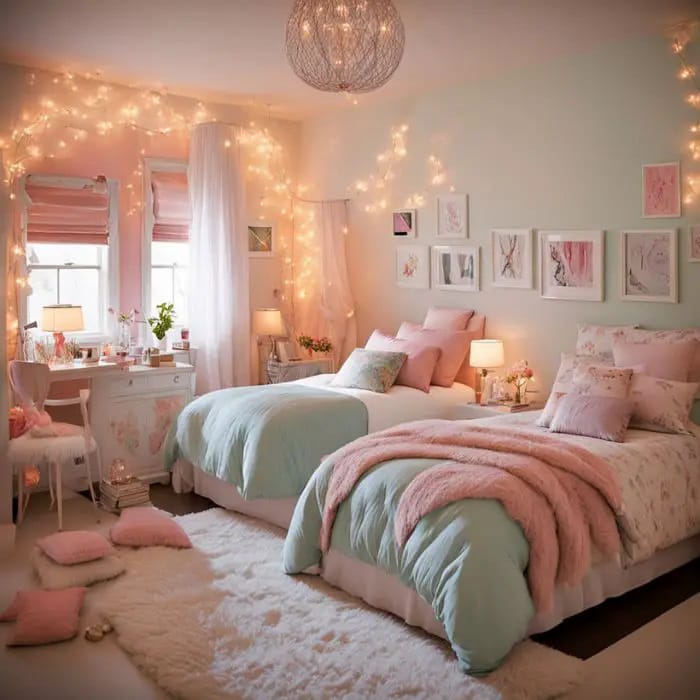 A soft and serene space with pink and mint tones, twin beds, and fairy lights.