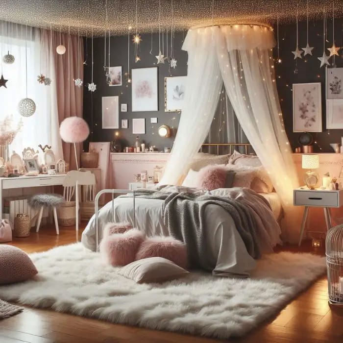 A glamorous space with dark walls, pink bedding, a canopy bed, and star-themed decor.