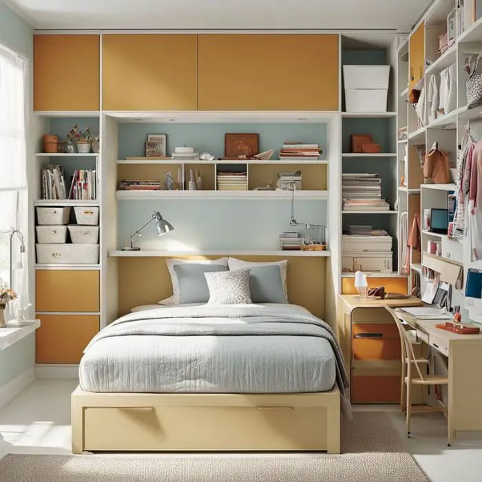 A functional space with built-in storage, warm mustard tones, and a minimalist design.