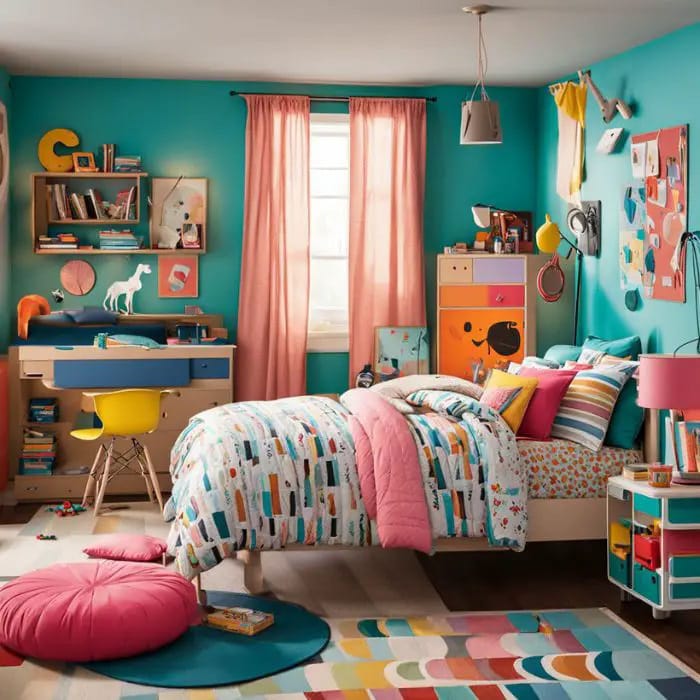 A vibrant space with teal walls, colorful bedding, and playful decor.