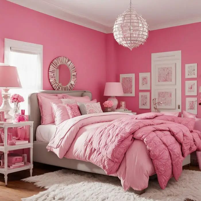 A luxurious space with a pink bed, plush bedding, and matching pink decor.