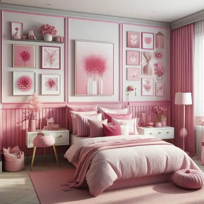 An elegant pink-themed space with a gallery wall, plush pillows, and soft textiles.