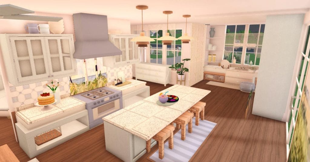 A coastal-themed Bloxburg kitchen with pastel colors, wooden accents, and large windows.