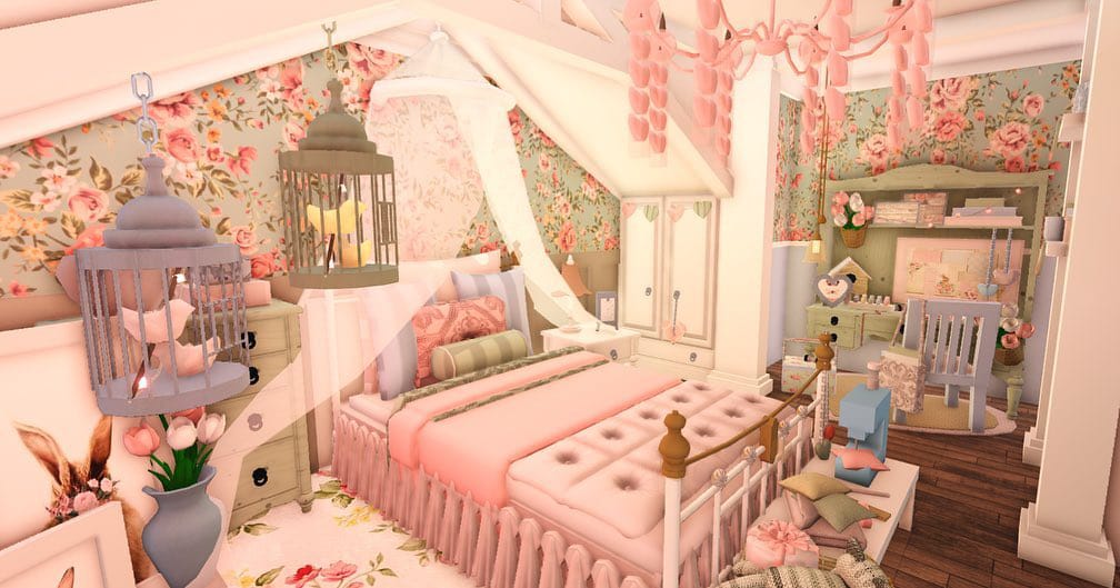 A whimsical bedroom with floral patterns, pastel colors, vintage furniture, a canopy bed, and birdcage light fixtures.