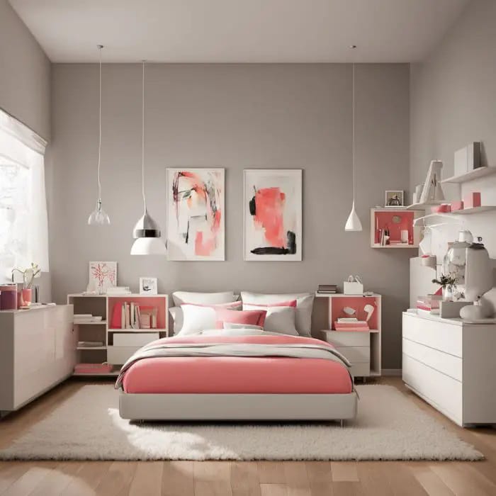 A modern space with a gray backdrop, coral accents, and minimalist furniture.