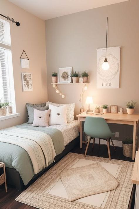 A calming space with a green and beige palette, potted plants, and cozy textures.