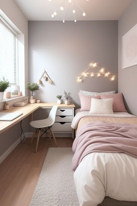 A tranquil space with a pastel color scheme, string lights, and natural wood furnishings.