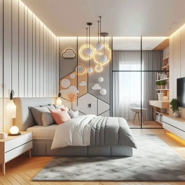 A modern bedroom with cloud-themed wall art, grey and white color scheme, and pendant lights.