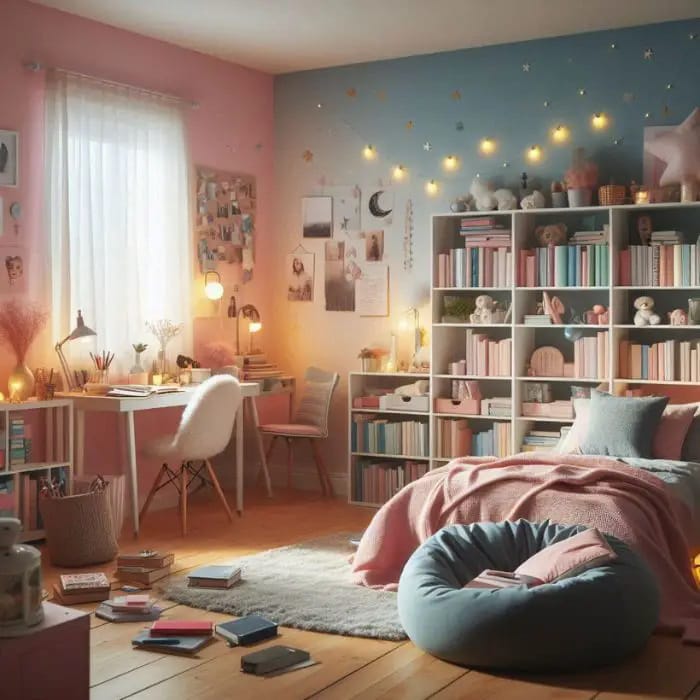 A cozy room with a study area and a bed, decorated in pink and blue tones with warm lighting.