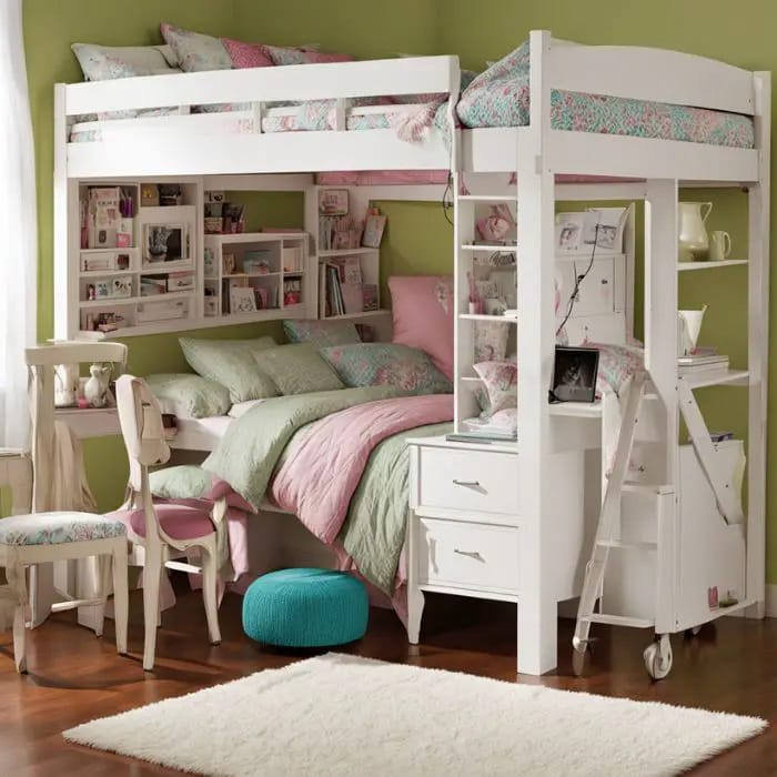 A bunk bed with a built-in desk and shelves underneath, set against a green wall.