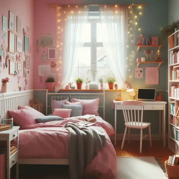 A bedroom with split pink and blue walls, decorated with string lights and wall art.