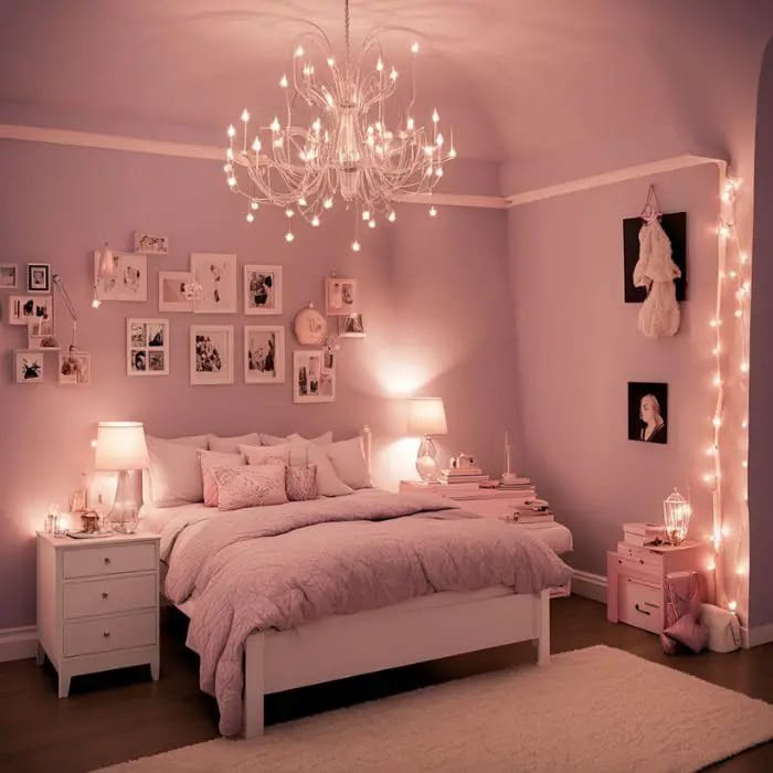 A bedroom with lilac walls, a chandelier, and soft lighting, creating an elegant and cozy atmosphere.