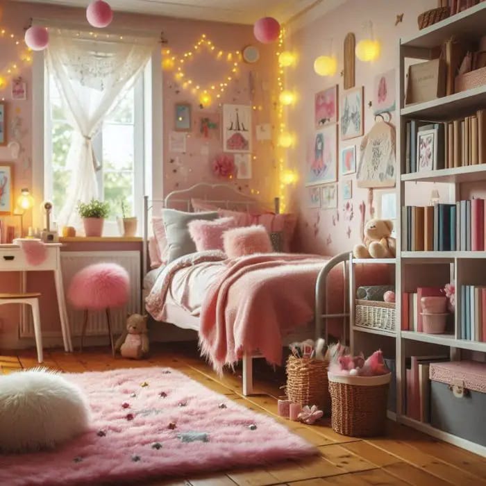 A playful space with a fluffy pink rug, fairy lights, and soft textures.