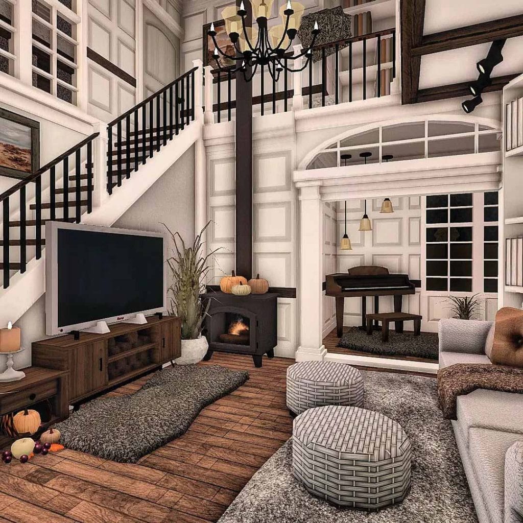 Autumn-themed Bloxburg living room with cozy furniture, fireplace, and rustic decor.