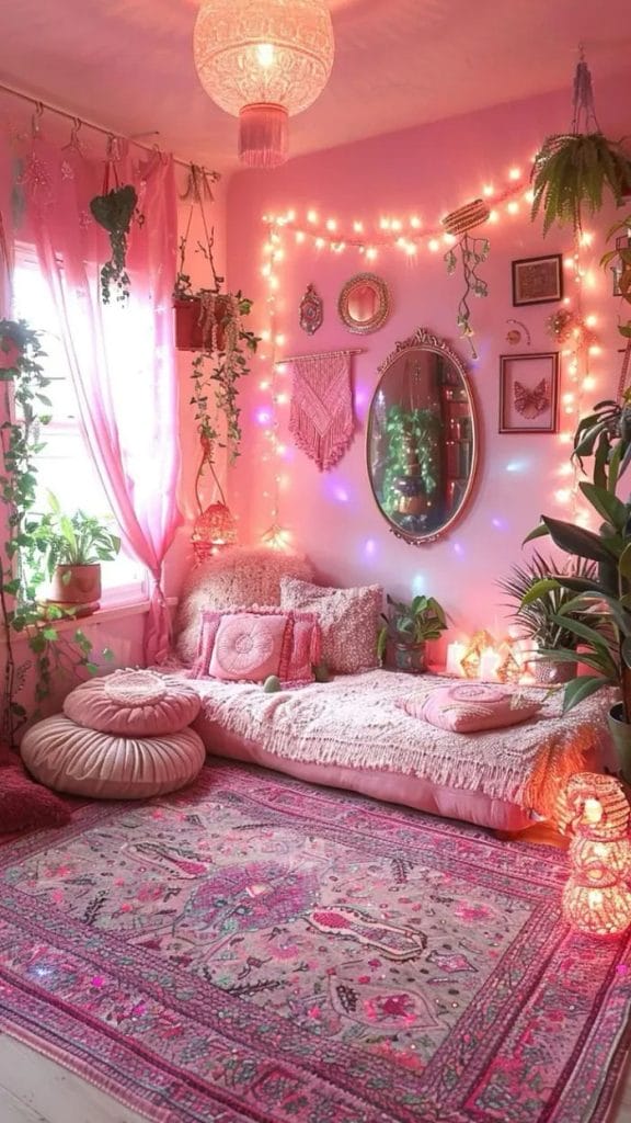 A vibrant space with pink walls, macramé decor, and lush greenery.