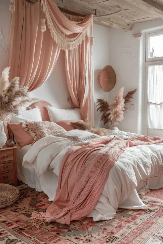 A serene space with soft pink tones, flowing drapery, and pampas grass decor.