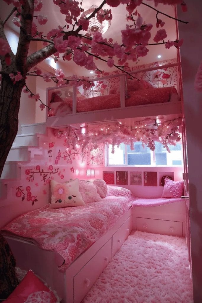 A whimsical space with a pink loft bed, faux cherry blossoms, and soft lighting.