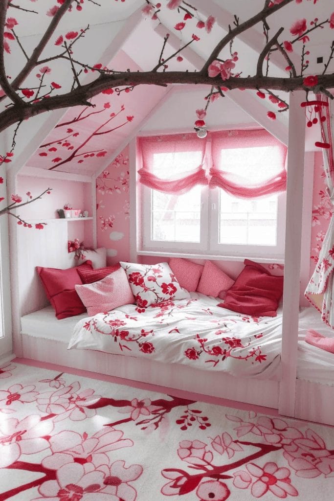 A cozy corner with cherry blossom-themed decor, featuring pink cushions and tree branches.